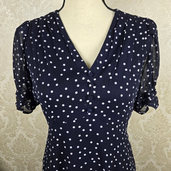 DKNY Size 4 Navy Blue Midi Dress White Polka Dots Vneck Sheer Ruched Sleeves - Picture 2 of 15